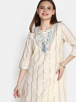 V-MART Women Embroidered A-line Kurta(Gold, White, Blue)