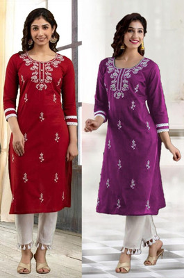 vikshi Women Chikan Embroidery Straight Kurta(Red, Purple)