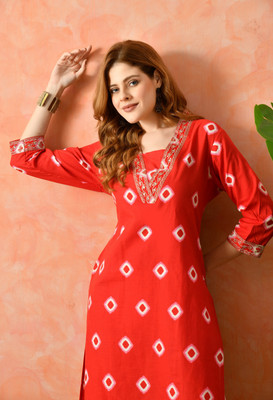 KJFAB Women Printed Straight Kurta(Red)