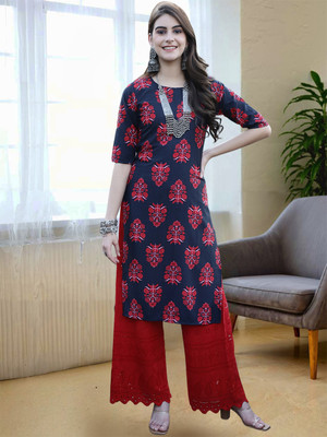 Moda Rapido Women Printed A-line Kurta(Dark Blue)