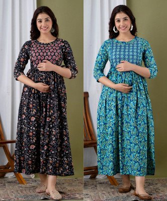 Silakiva Women Printed Gown Kurta(Black, Blue)