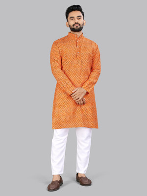 allan peter Men Printed Straight Kurta(Orange)