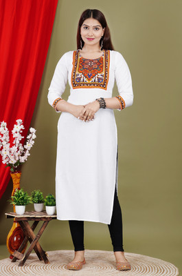 DARGU Women Printed Straight Kurta(White)