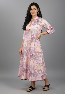AKIKO Women Printed Anarkali Kurta(Pink)
