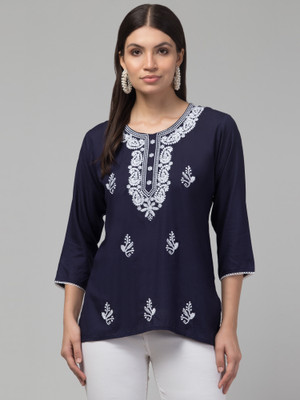 timorous fashion Women Embroidered A-line Kurta(Dark Blue)