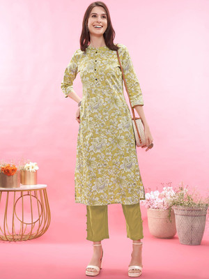 ANOUK Women Floral Print Straight Kurta(Yellow)