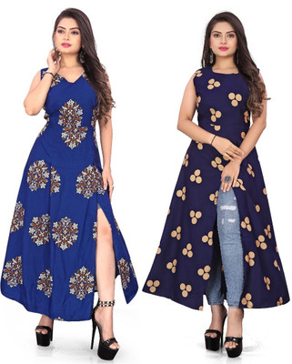 Hiral Creation Women Printed Frontslit Kurta(Blue)