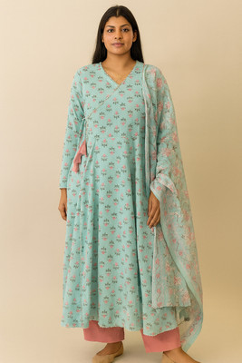 Dorang jaipur Women Floral Print Anarkali Kurta(Light Blue)