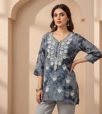 VELORA Women Dyed/Ombre, Embroidered A-line Kurta(Grey)