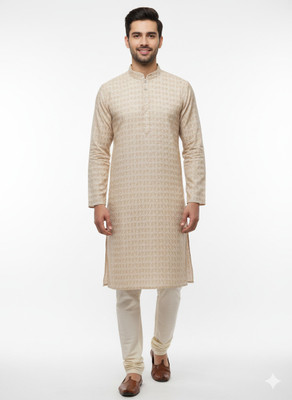 Bhugaol Men Printed Straight Kurta(White)