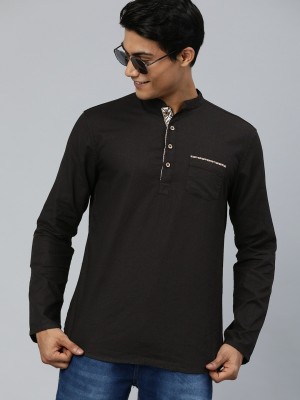 The Indian Garage Co. Men Solid Straight Kurta(Black)