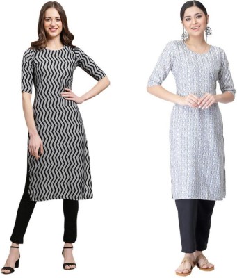 EthnicBasket Women Printed Straight Kurta(Black, White, Light Blue)