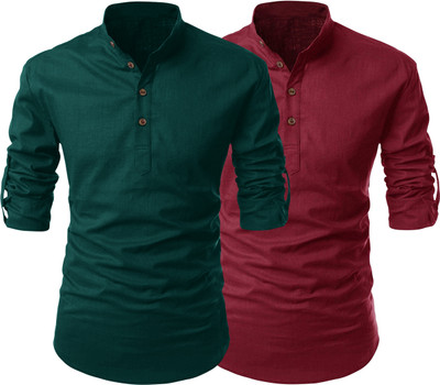 SHOPYCLICK Men Solid Straight Kurta(Dark Green, Red)