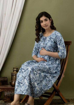 AYUB Women Geometric Print Straight Kurta(Blue)