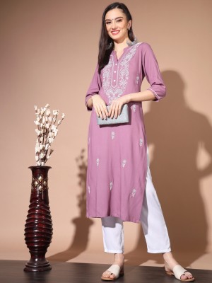 Threadkaari Women Chikan Embroidery A-line Kurta(Purple)