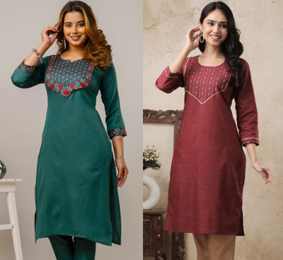 Shozaai Collection Women Embroidered Straight Kurta(Red, Green)