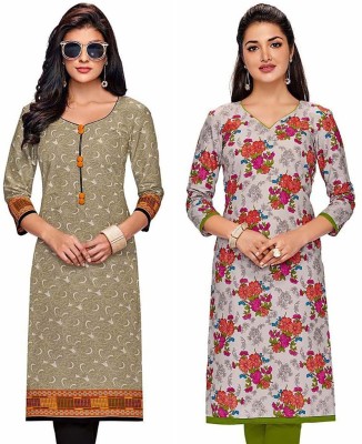 Jevi Prints Women Floral Print Straight Kurta(Beige, Grey)