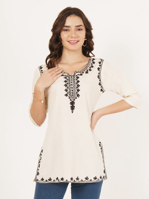 Ethic Glance Women Embroidered A-line Kurta(White)