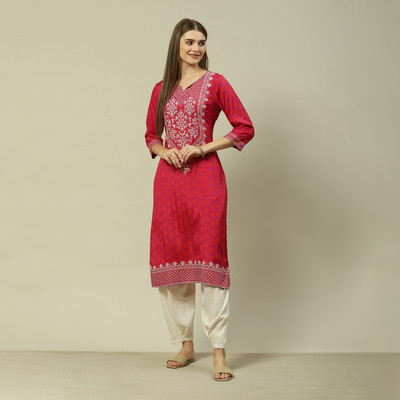 RANGRITI Women Printed Straight Kurta(Purple, Red, White)