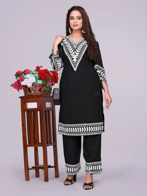 vyomtrader Women Embroidered, Washed A-line Kurta(Black)