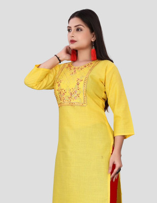 RIDDHI COLLECTION MALL Women Embroidered Straight Kurta(Yellow)