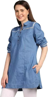 CREATIVE Women Solid Flared Kurta(Blue)
