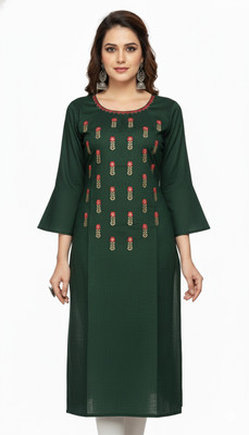 SARANS Women Embroidered, Floral Print, Self Design Straight Kurta(Dark Green)
