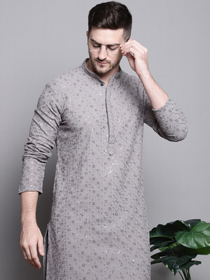 Jompers Men Embroidered Straight Kurta(Grey)
