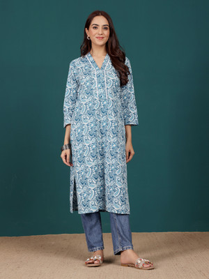 Varanga Women Printed Straight Kurta(Blue)