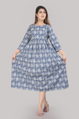 Vinod Enterprises Women Printed Anarkali Kurta(Dark Blue, Grey)