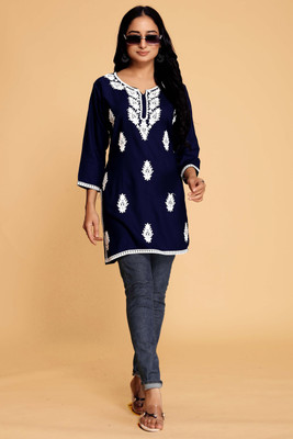 MADHAV WEAVES Women Chikan Embroidery A-line Kurta(Blue)