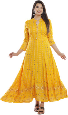 VENUSY Women Block Print Anarkali Kurta(Yellow)