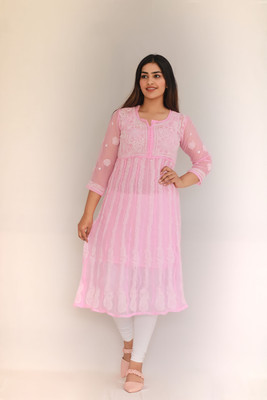Hautemoda Women Chikan Embroidery Straight Kurta(Pink, White)