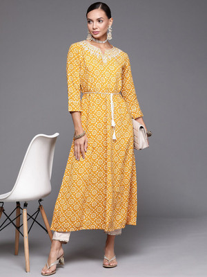 ANOUK Women Geometric Print A-line Kurta(Yellow)