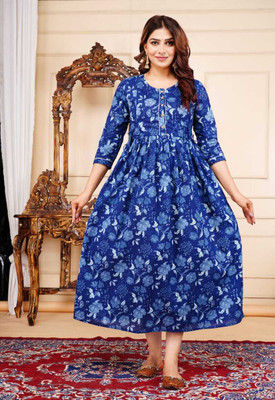 BALIYE Women Printed Anarkali Kurta(Dark Blue)
