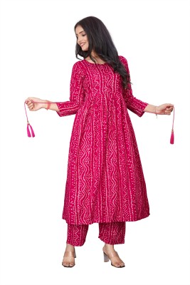 VIHAT Women Bandhani Anarkali Kurta(Pink)