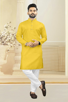 Shree Dutt Creation Men Solid Straight Kurta(Yellow)