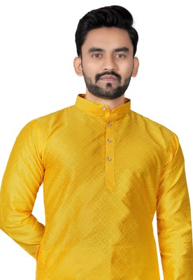 DHASU TRENDZ Men Printed Straight Kurta(Yellow)