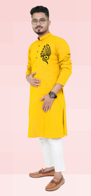 M Biswas Men Printed Straight Kurta(Yellow)