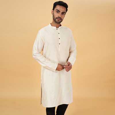 Indus Route by Pantaloons Men Embroidered Straight Kurta(Beige)