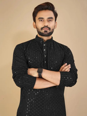 grantox Men Self Design, Embellished Straight Kurta(Black)
