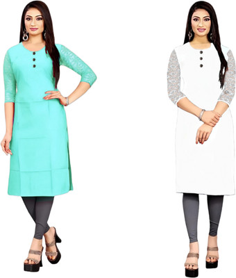 HOFC Women Solid Straight Kurta(Blue, White)