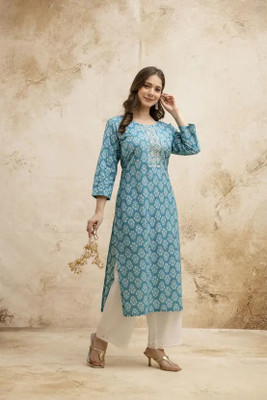 AURIPRX FASHION Women Embroidered, Printed Straight Kurta(Blue)