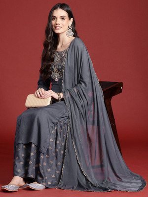 ANOUK Women Embroidered A-line Kurta(Grey)