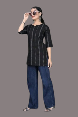 THEICON Women Striped A-line Kurta(Black)