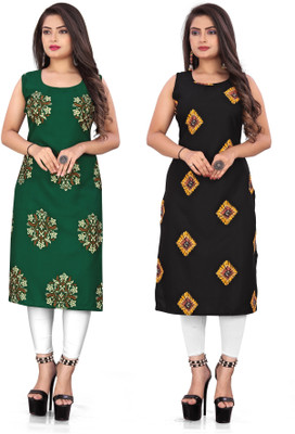 maruti fab Women Floral Print Straight Kurta(Green, Black)