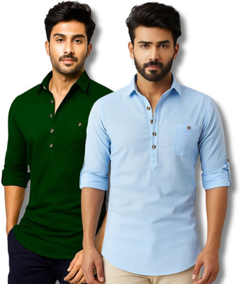 CROWNTAIL Men Solid Straight Kurta(Green, Light Blue)