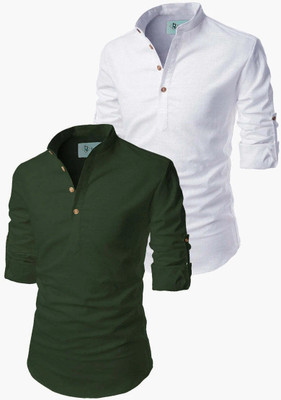 HOC's Men Solid Straight Kurta(Dark Green, White)