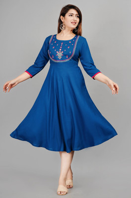 GULJAR FASHION Women Embroidered Flared Kurta(Dark Blue)