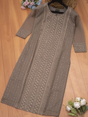 Felopie Women Chikan Embroidery A-line Kurta(Brown)